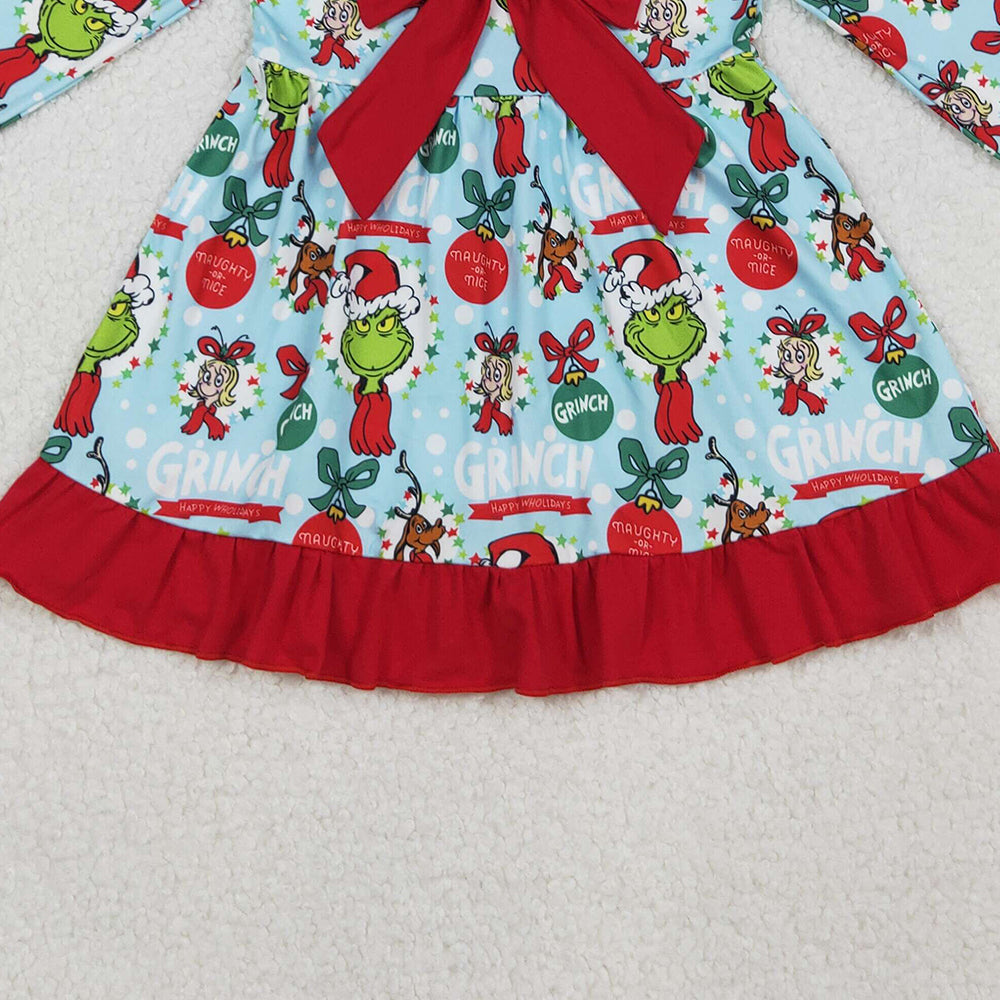 RTS NO MOQ (In stock)GLD1269 Baby Girls Winter Dress Christmas Green Face Bows Holly Big Bow Knee Length Dresses