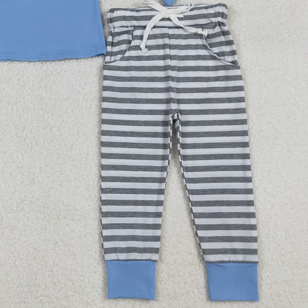 RTS NO MOQ (In stock)BLP1231Baby Boys Winter Outfits Christmas Blue Snowmen Top Stripe Pockets Pants Sets