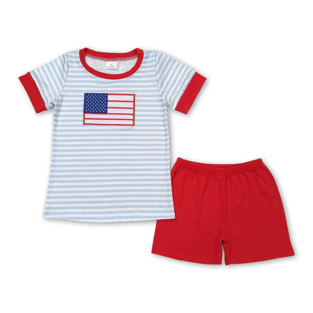 RTS Sibling Dog flag stripe shirt red shorts boys 4th of july clothes