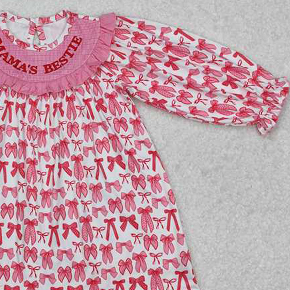 GLD0990Kids Girls Long Sleeve Pink Bow Dress Mama's Bestie Elegant Children's Fashion Dress for Special Occasions