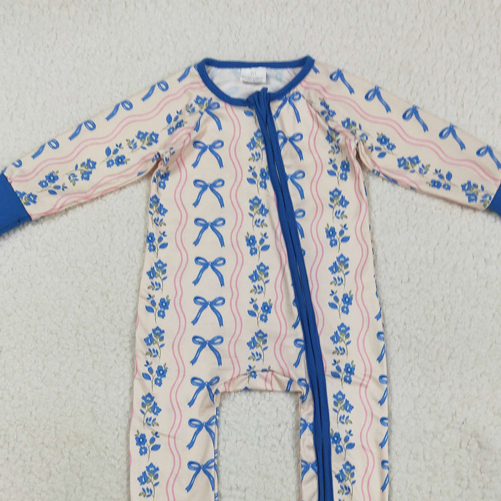 RTS NO MOQ (In stock) LR2327 Baby Girls Winter Rompers Baby Girls Long Sleeves Blue Bows Flowers Stripe Zipper Pant Rompers