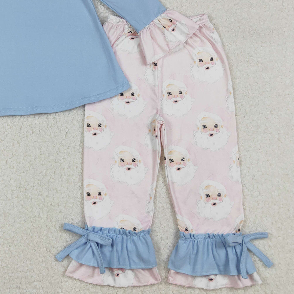 RTS NO MOQ (In stock)GLP1226 Baby Girls Winter Outfits Light Blue Santa Tunic Pants Set Girls Christmas Outfit Holiday Costume Children's Clothing
