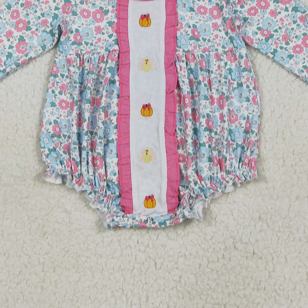 7.10 LR2219 RTS NO MOQ Baby Girls Winter Rompers Embroidery Baby Girls Long Sleeves Turkey Pumpkins Floral Ruffle Rompers