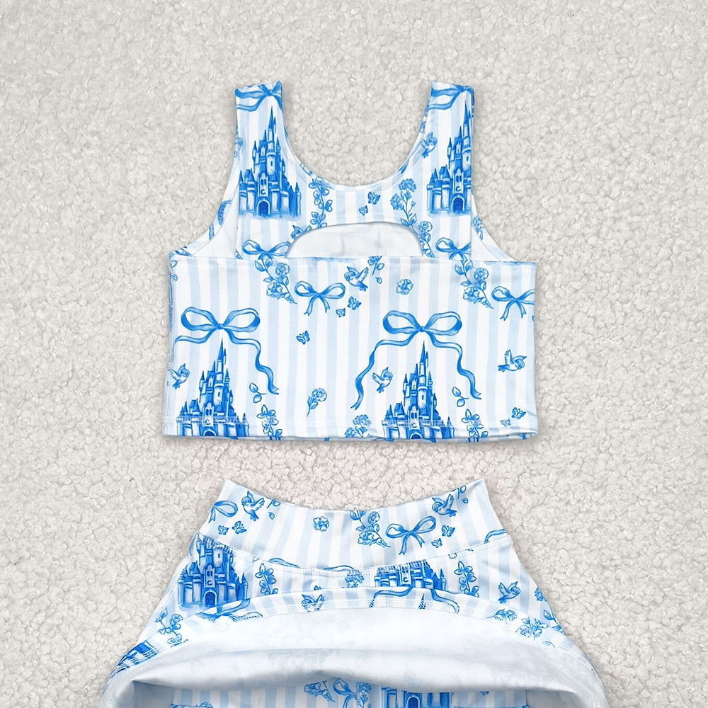 USA Shop (in stock)GSD2198 Baby Girls Yoga Outfits Sleeveless light blue bow castle top skirt girls active wear set