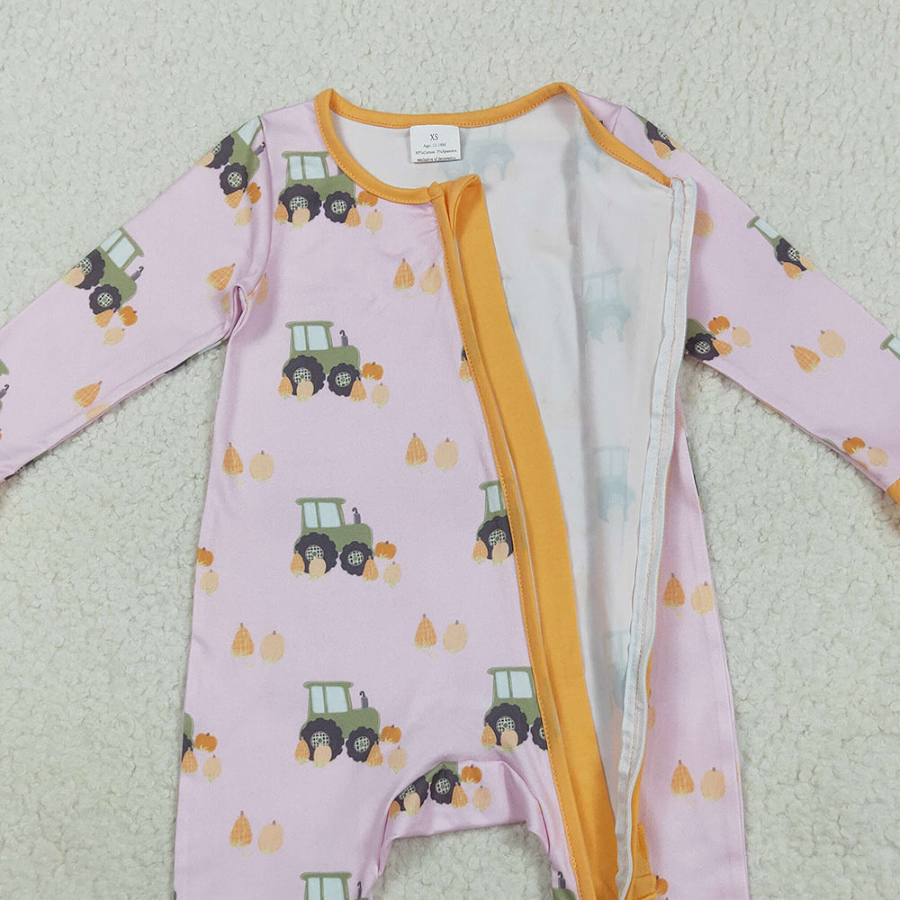 8.22 RTS NO MOQ (In stock)LR2336 Baby Girls Winter Rompers Baby Girls Pink Pumpkins Trucks Fall Ruffle Zipper Footie Rompers