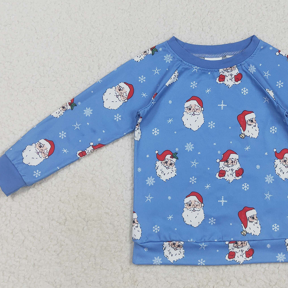 RTS NO MOQ (In stock)BT1289 Baby Boys Long Sleeve Tops Baby Boys Blue Santa Snowflake Christmas Shirts Top