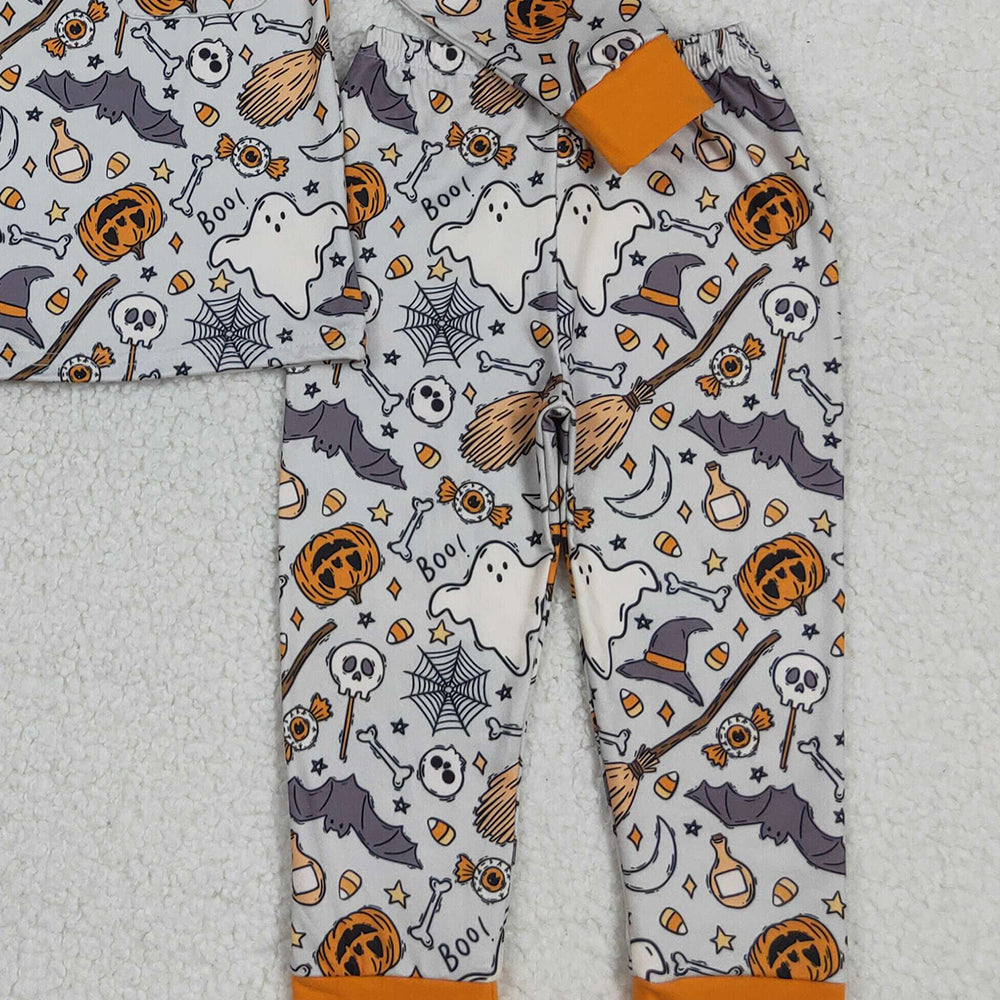 RTS NO MOQ (In stock)BLP1147 Baby Boys Winter Outfits Baby Boys Ghost Pumpkins Bats Top Pant Halloween Pajamas Set