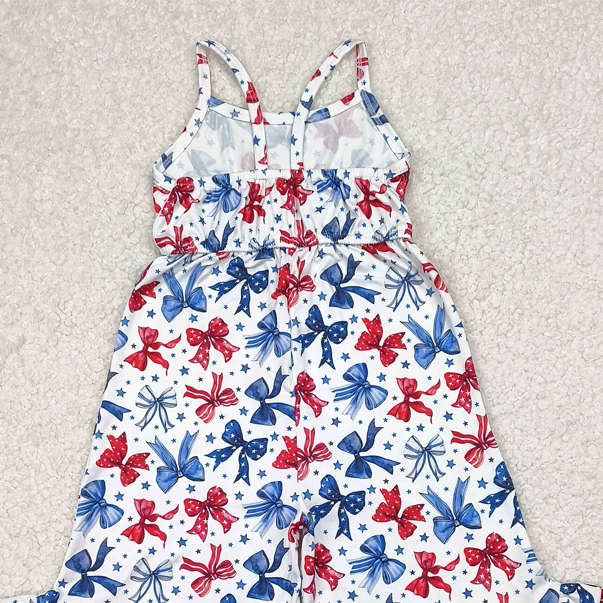 6.09 SR2865 RTS NO MOQ Baby Girls Summer Jumpsuits Straps stars blue red bow girls 4th of july jumpsuit