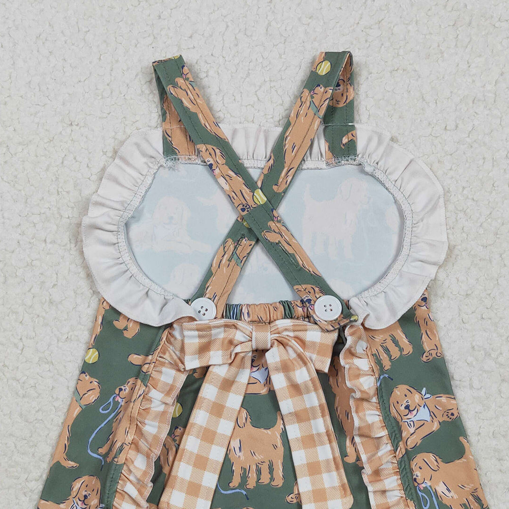 4.26 SR2986RTS NO MOQ Baby Girls Summer Rompers Straps khaki plaid ruffle dogs baby girls summer romper