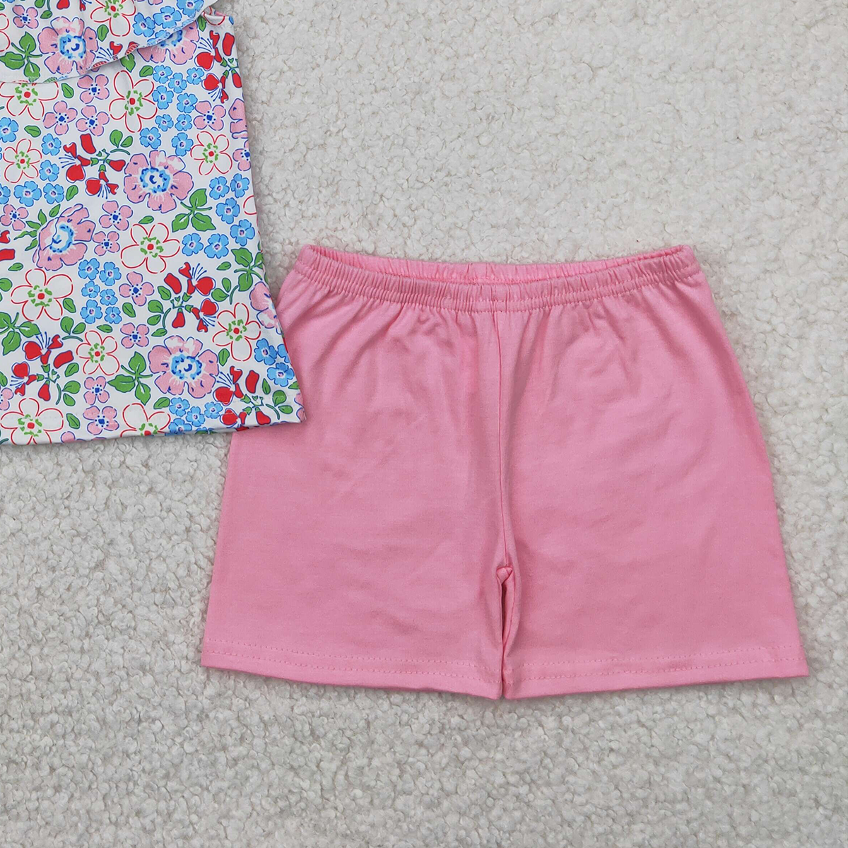 4.11 GSSO2277RTS NO MOQ Baby Girls Summer Outfits Floral ruffle top pink cotton shorts girls summer outfits