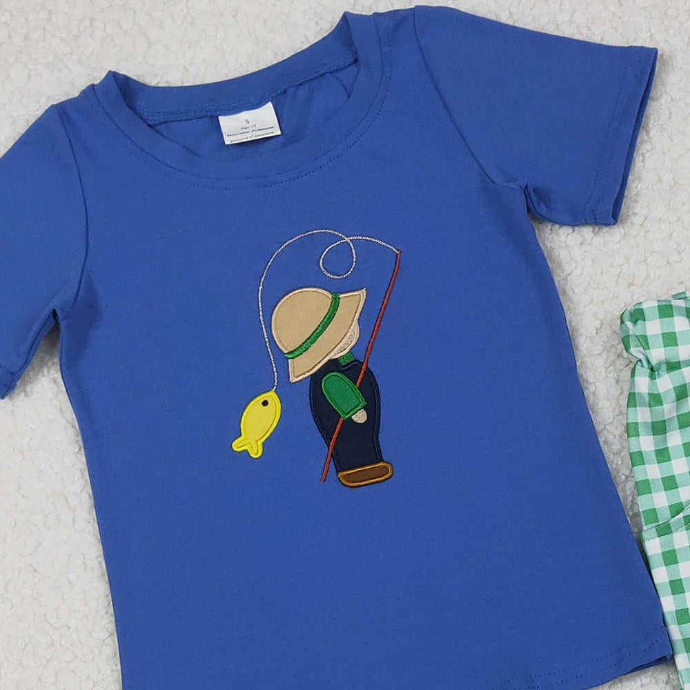 RTS NO MOQ (In stock)BSPO0506 Baby Boys Autumn Outfits Blue Plaid Short Sleeve Fishing Top And Pants Boys Clothing Set