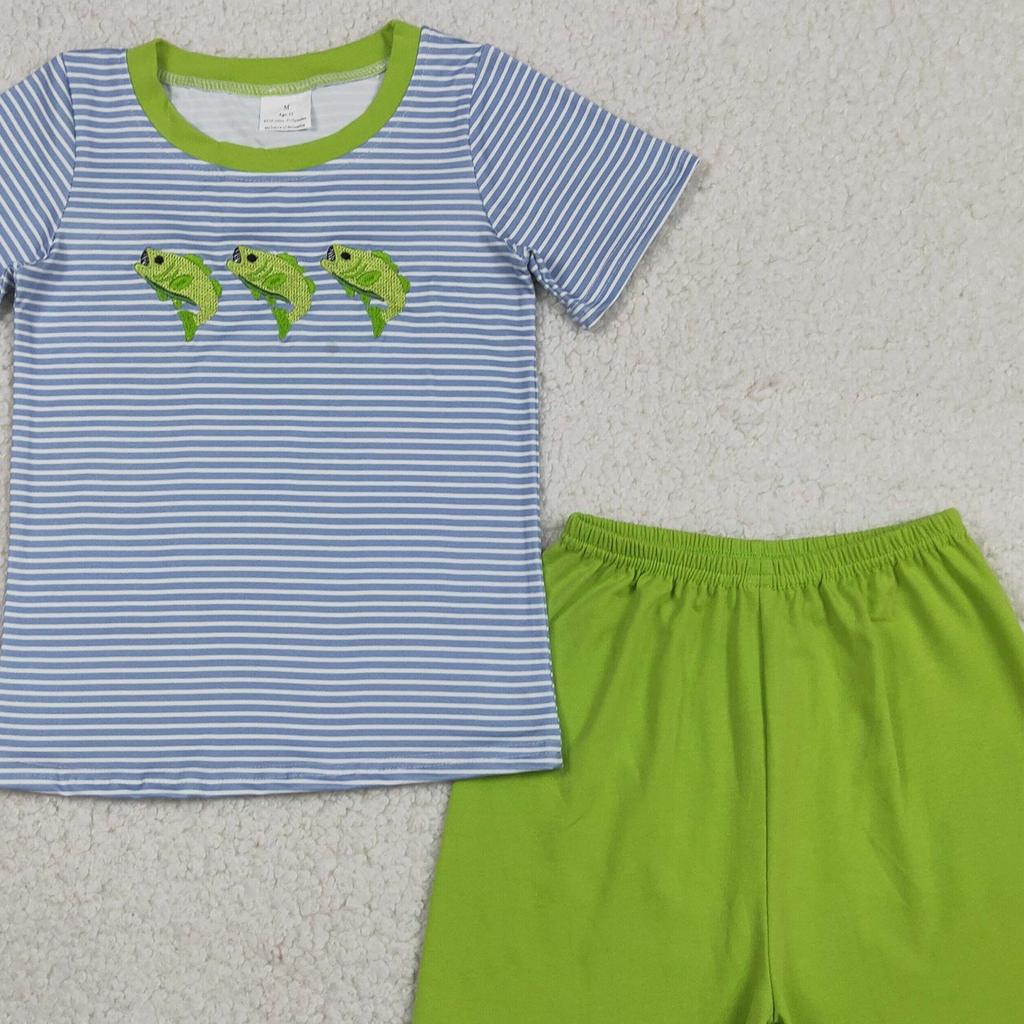 BSSO2001 RTS NO MOQ (In stock )Embroidery Fishes Baby Boys Short Sleeve Stripe Top Short Hunting Clothes Sets