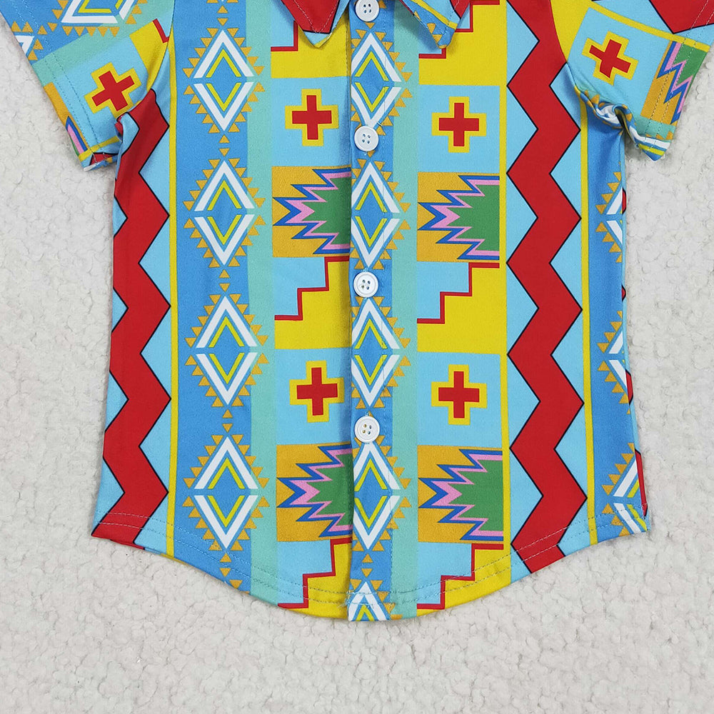 6.18 BT1225 RTS NO MOQ Baby Boys Short Sleeves Colorful Aztec Print Button Shirts Top