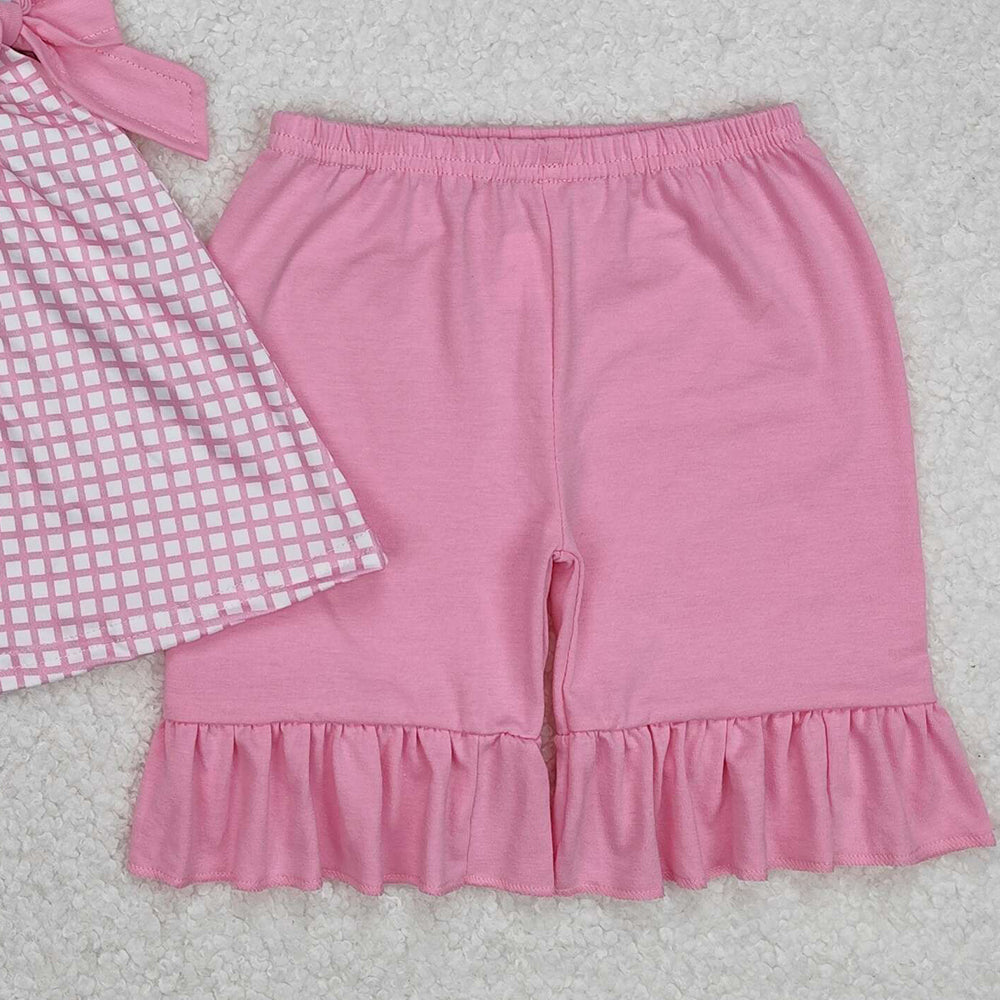 GSSO1879Girls Pink Plaid Bow Tunic Ruffle Shorts Set - Cute Preppy Outfit for Ages 2-12