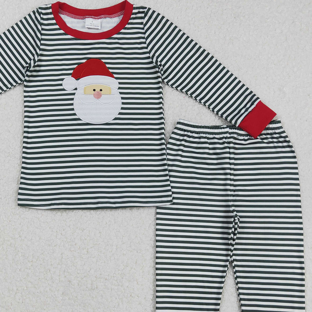 RTS NO MOQ (In stock)BLP1126 Baby Boys Winter Outfits Christmas Green Stripe Santa Pajamas Set Top And Pants Outfit for Holiday Celebrations