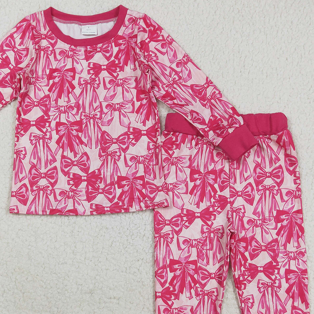 RTS NO MOQ (In stock)GLP2539 Baby Girls Winter Outfits Baby Girls Hot Pink Bows Plaid Top Pant Pajamas Set
