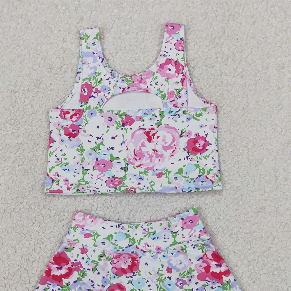 GSD1989 RTS NO MOQ Baby Girls Summer Yoga Outfits Sleeveless floral top skirt girls activewear clothing set