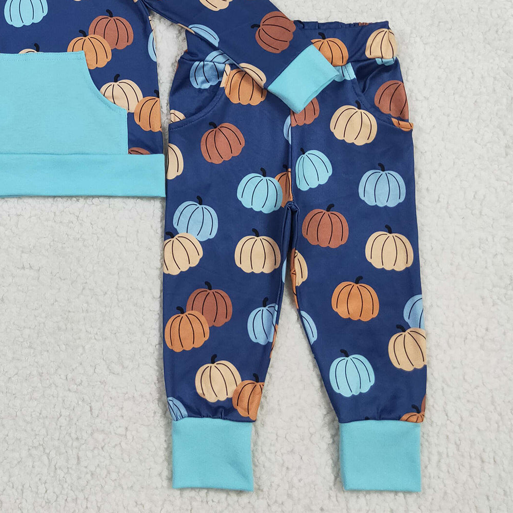 RTS NO MOQ (In stock)BLP1154 Baby Boys Winter Outfits Baby Boys Colorful Pumpkins Pocket Button Hoodies Legging Pants Sets