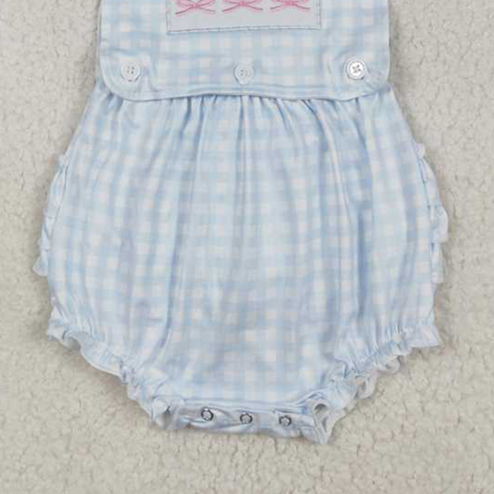4.17 SR2203 RTS NO MOQ Sleeveless bow embroidery plaid ruffle baby girls romper