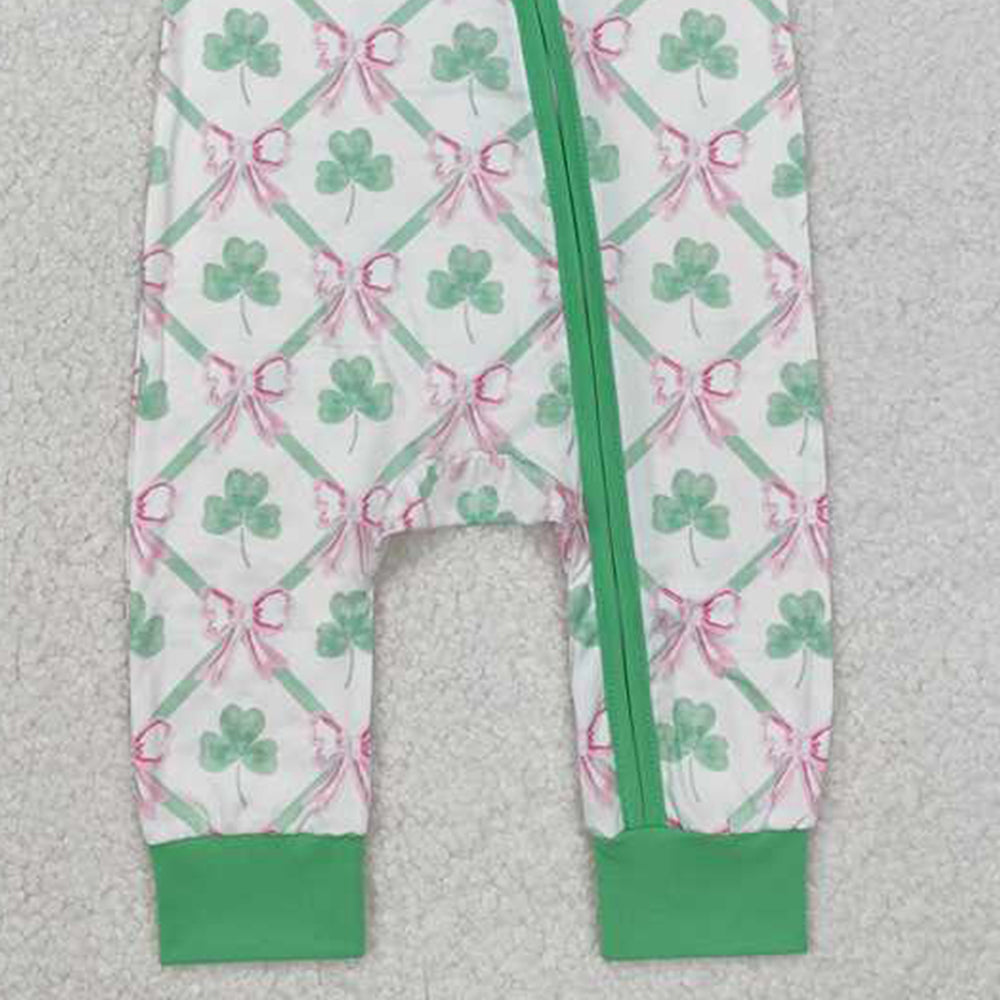 SR2109 RTS NO MOQ Shamrock pink bow baby girls St Patrick's zipper romper