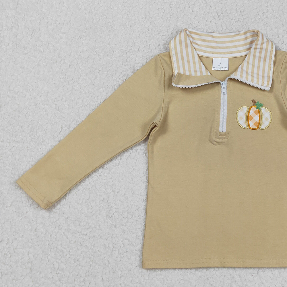 RTS NO MOQ (In stock)BT1293 Baby Boys Long Sleeve Tops Baby Boys Khaki Zipper Pullover Top with Embroidery Pumpkins Design Cute And Cozy Baby Clothing