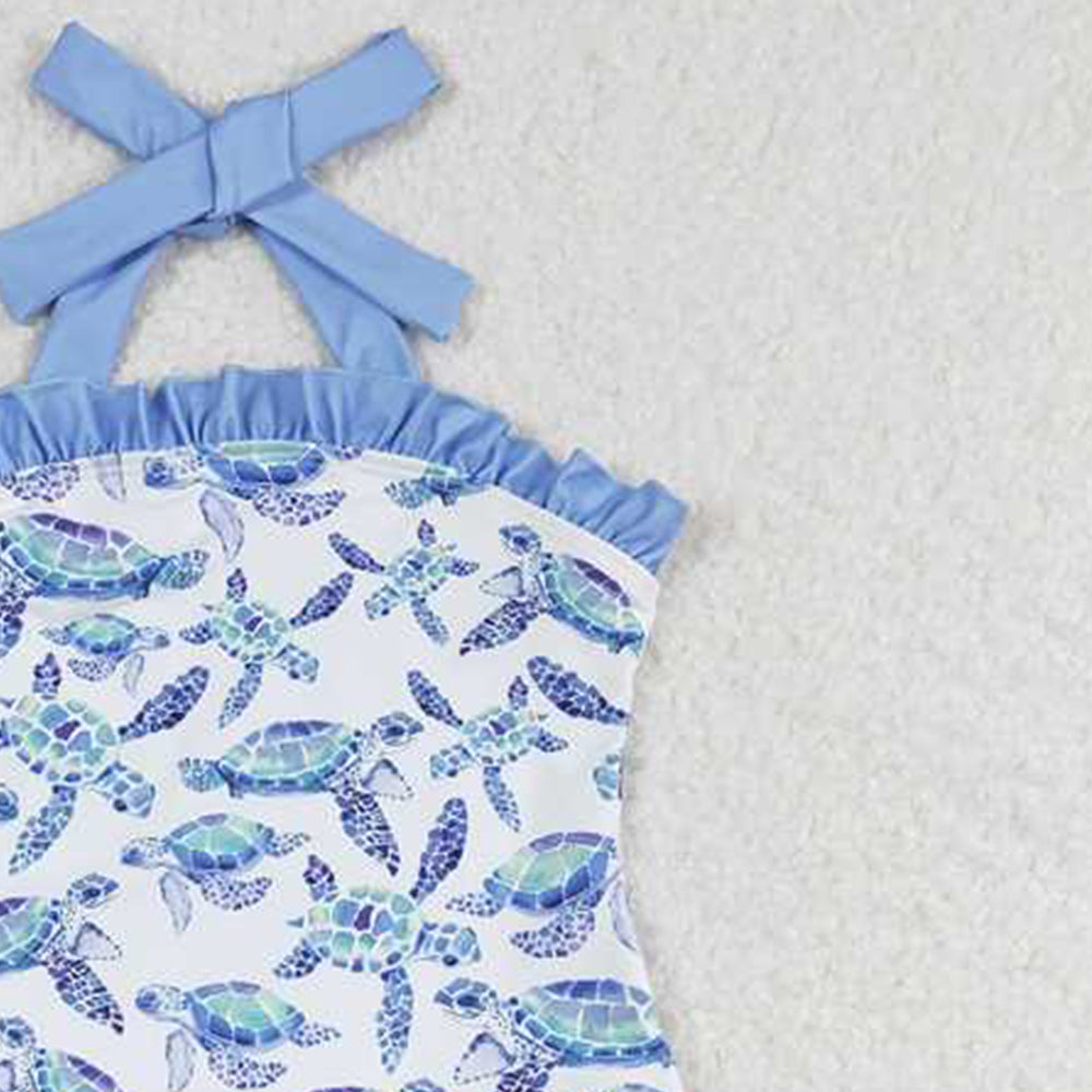 S0430Girls Turtle Halter One Piece Swimsuit Summer Fun Floral Print Swimwear for Kids