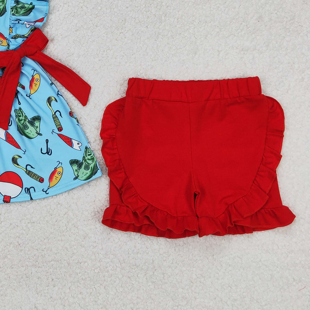 4.12 GSSO2097 RTS NO MOQ Baby Girls Blue Sleeveless Fishes Red Bows Tunic Ruffle Short Hunting Set