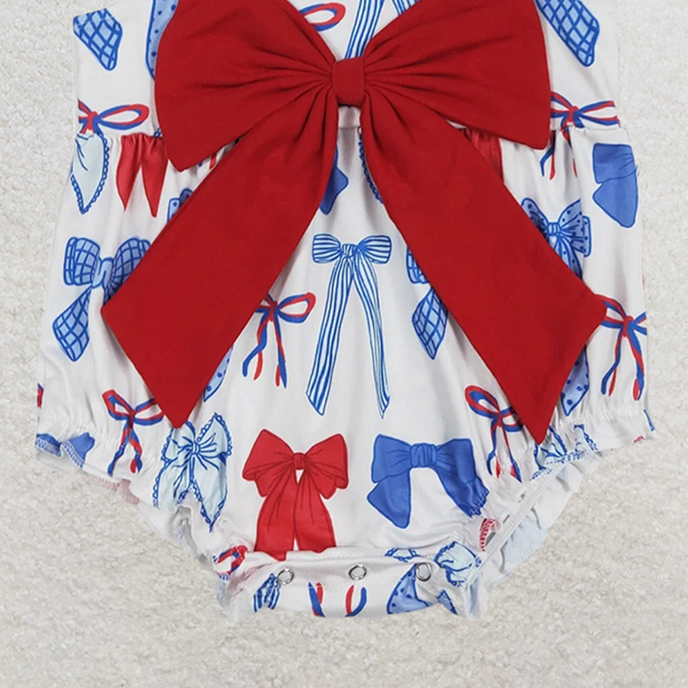 4.08 SR2606 RTS NO MOQ Baby Girls Summer Romper Baby Girls Strap Red Blue Bows 4th Of July Romper