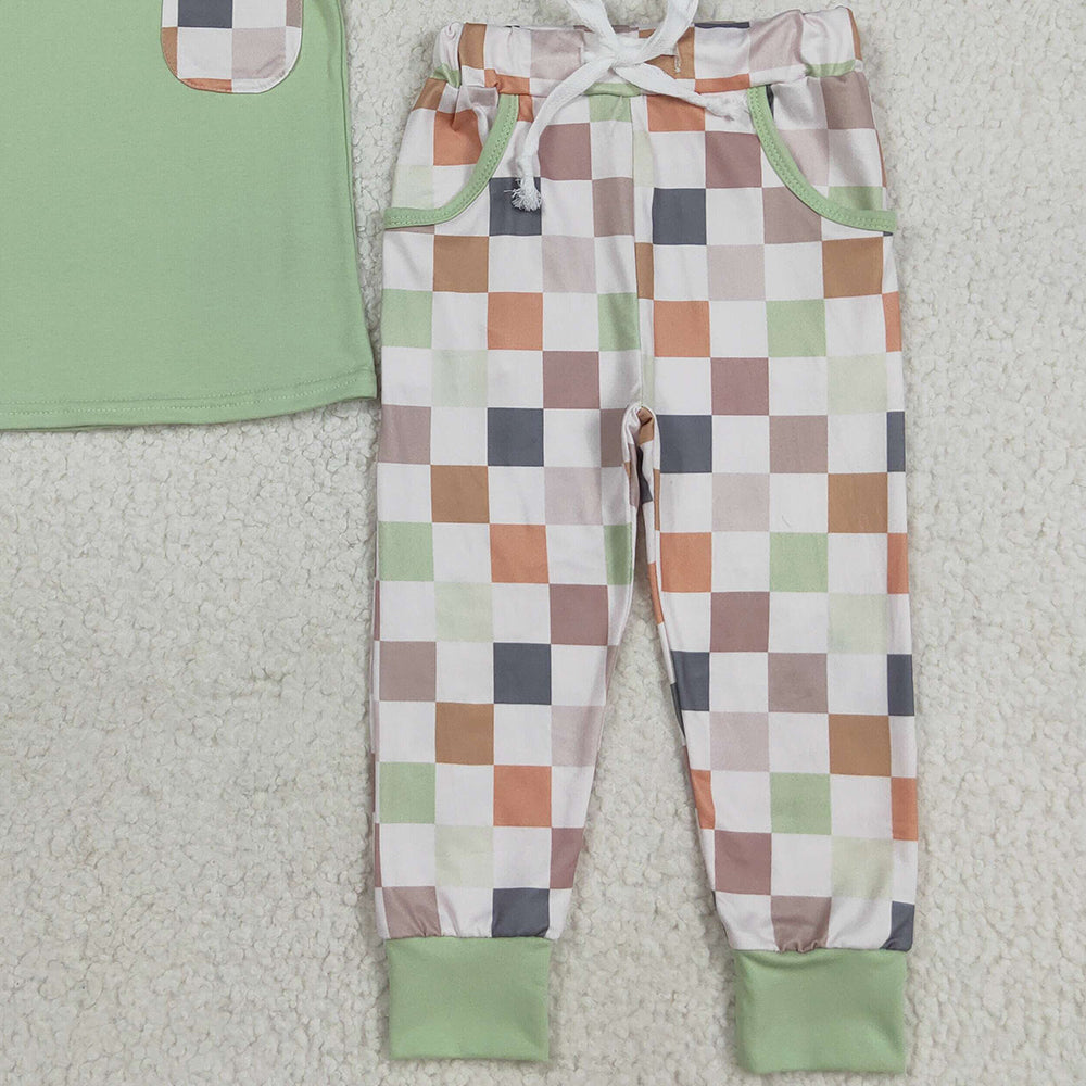 RTS NO MOQ (In stock)BSPO0576 Baby Boys Autumn Outfits Kids Boys Green Short Sleeve Top Checked Pants Set