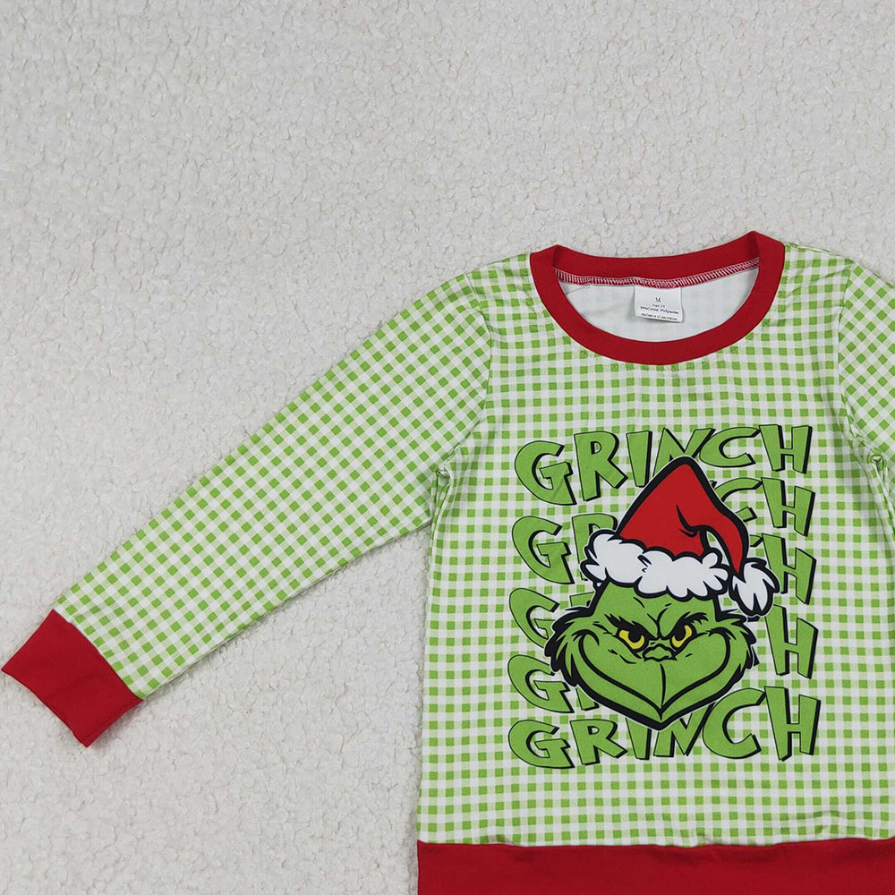 9.27 RTS NO MOQ (In stock)BT1321 Baby Boys Long Sleeve Tops Baby Boys Green Face Plaid Christmas Tee Shirts Top