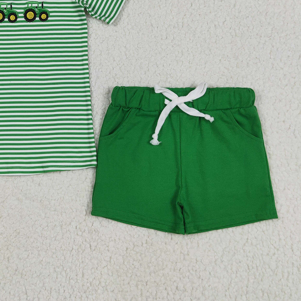 6.03 BSSO1374 RTS NO MOQ Baby Boys Summer Boys Outfits Embroidery Baby Boys Green Farm Trucks Tops Pockets Shorts Clothes Sets