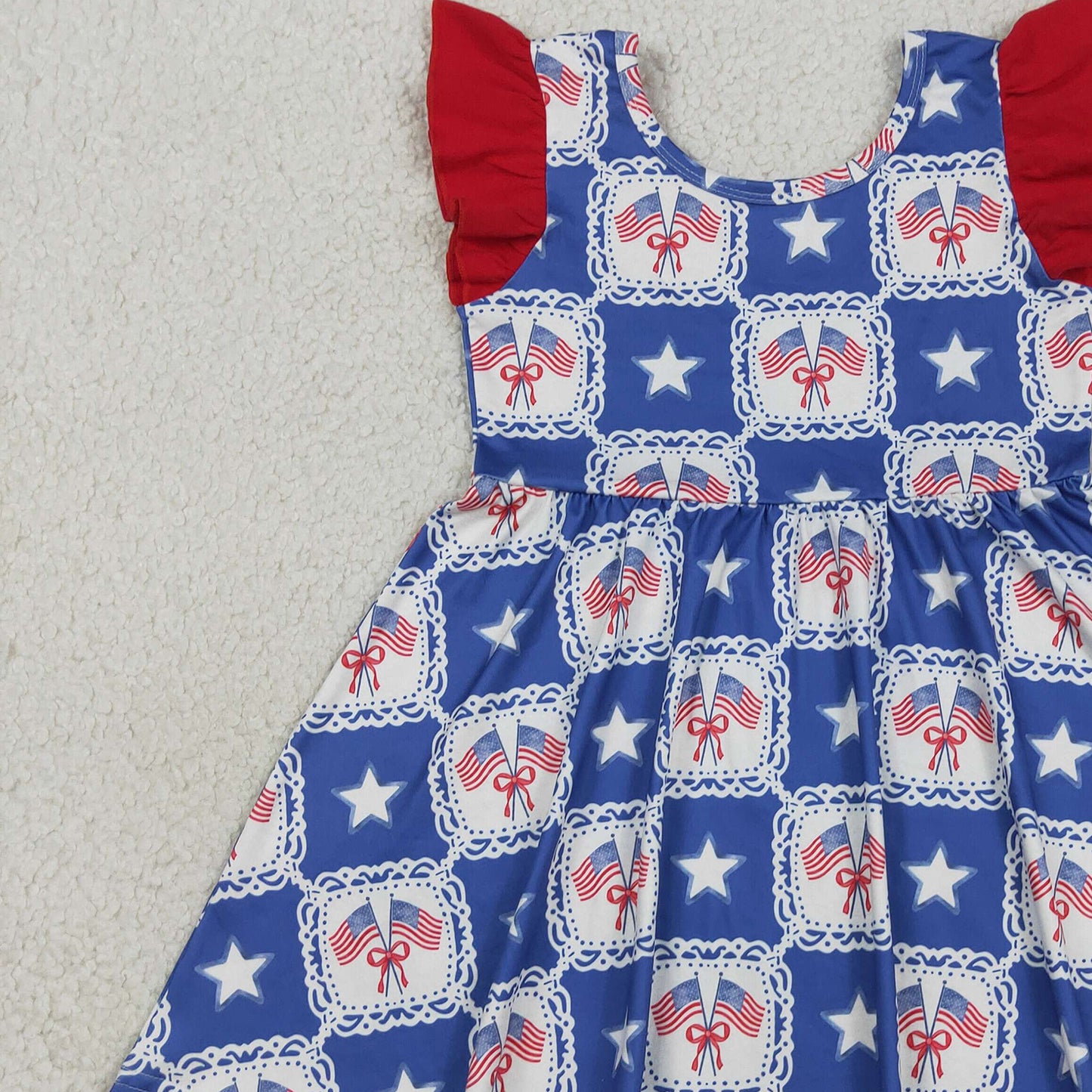 GSD3514 RTS NO MOQ (In stock )Flutter sleeves flag bow stars girls 4th of july dresses