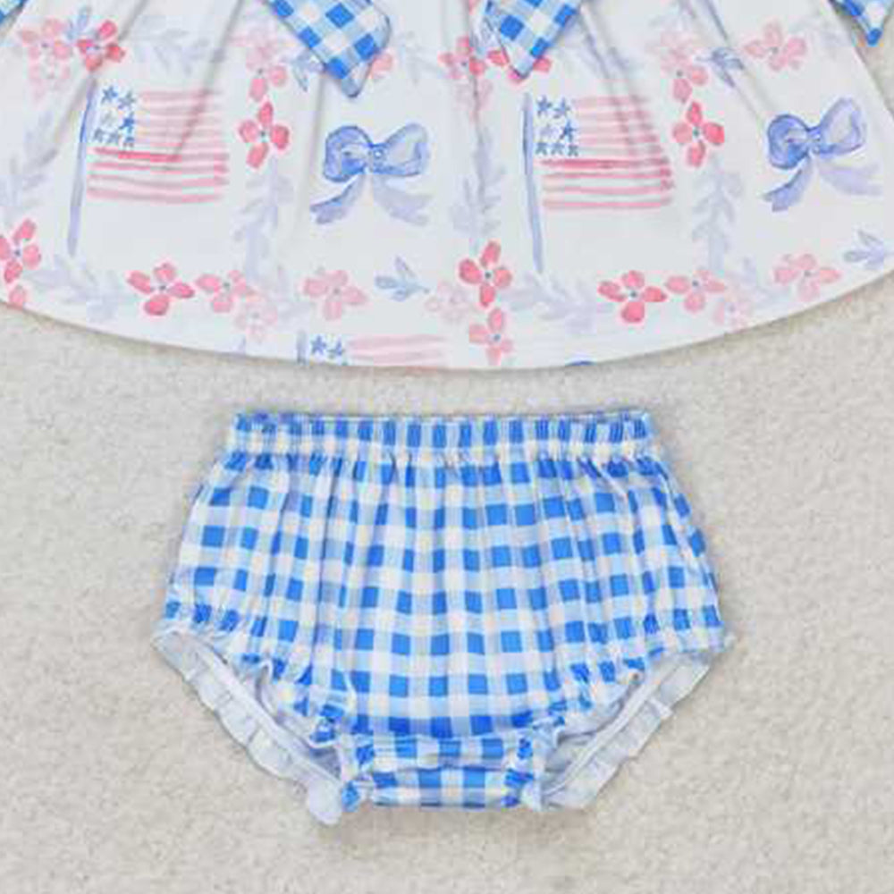 4.08 GBO0363 RTS NO MOQ Baby Girls Summer Outfits Baby Girls July 4th Flag Bow Bummie Set