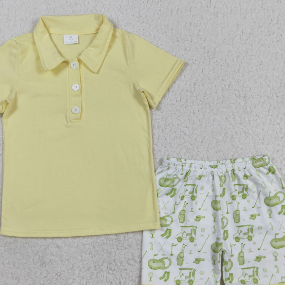 RTS NO MOQ (In stock)BSSO1546 Baby Boys Summer Boys Outfits Baby Boys Yellow Button Pullovers Top Golf Short Clothes Set