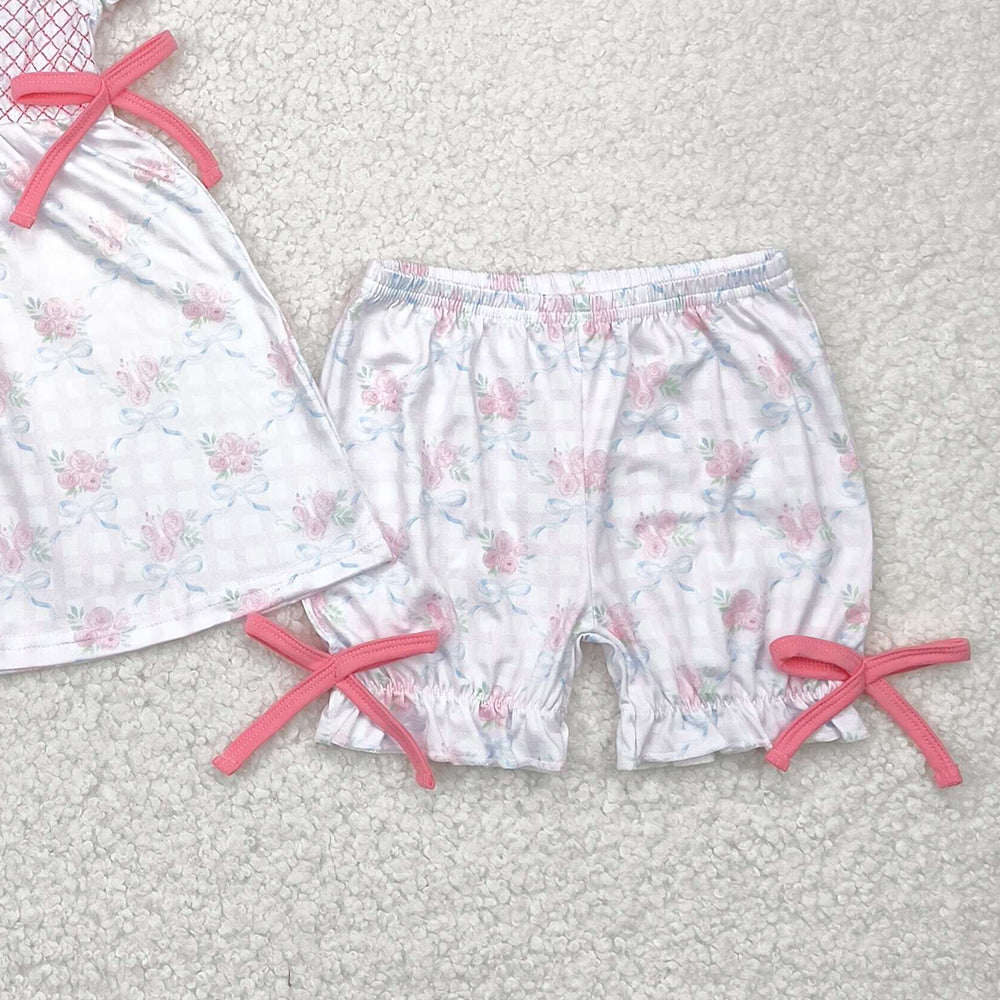 4.09 GSSO2368 RTS NO MOQ Baby Girls Summer Outfits Embroidery Short sleeves floral plaid bow tunic shorts girls clothes