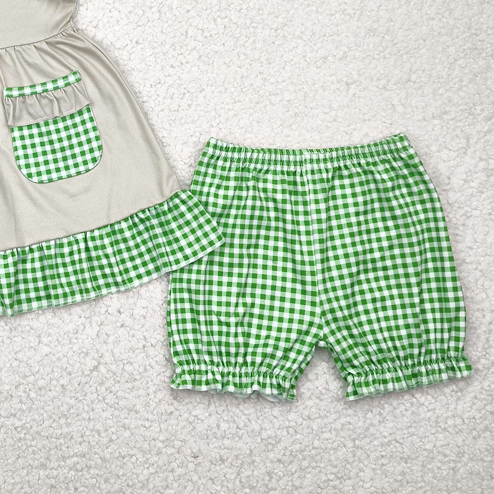 7.19 GSSO0848RTS NO MOQ Baby Girls Summer Outfits Girls light green duck sleeveless with pocket grid shorts set