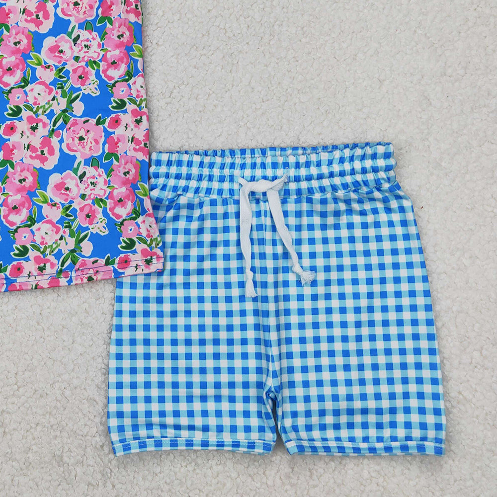 4.07 GSSO2414 RTS NO MOQ Baby Girls Summer Outfits Sleeveless floral top blue plaid shorts girls summer clothes