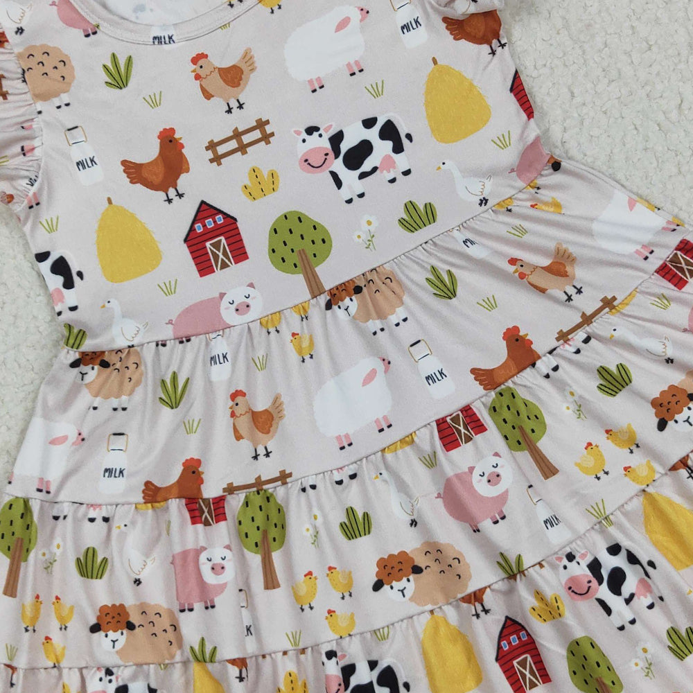 8.20 RTS NO MOQ (In stock)GSD2595 Baby Girls Summer Dress Baby Girls Flutter Sleeves Cows Chicks Farm Knee Length Dresses