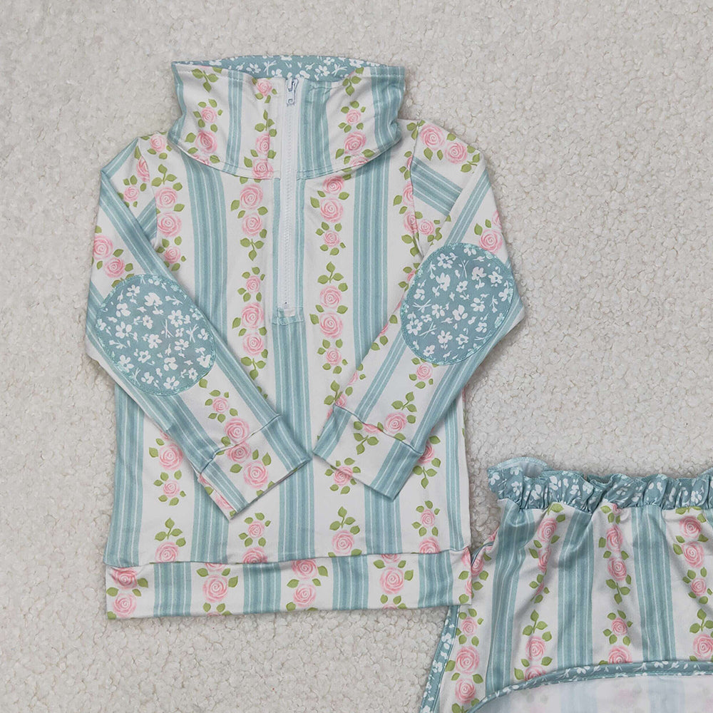 GLD1001 RTS NO MOQ Baby Girls Yoga Outfits Baby Girls Aqua Long Sleeves Floral Stripe Zipper Pullover Skirts With Short Set