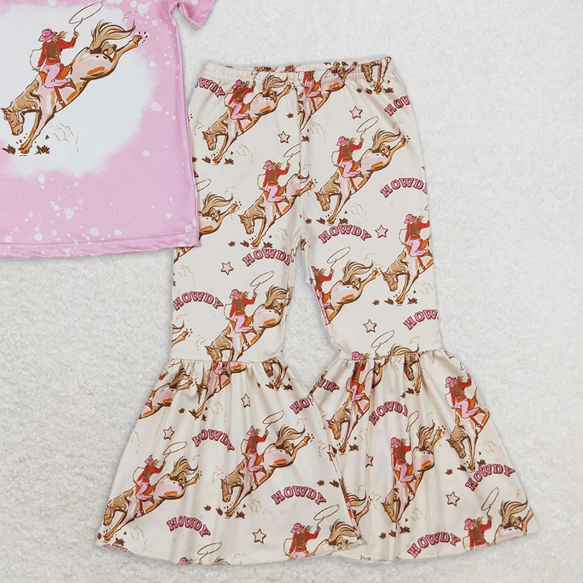 GSPO1487 RTS NO MOQ Baby Girls Spring Outfits howdy riding pink short-sleeved trousers suit
