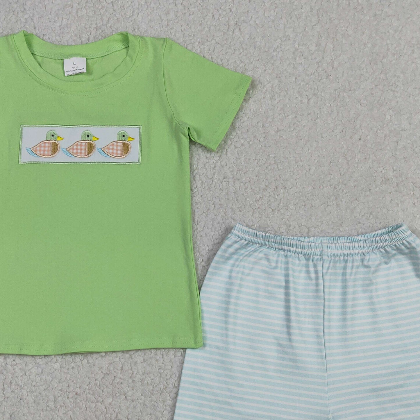 BSSO1946 RTS NO MOQ (In stock )Short sleeves duck embroidery top stripe shorts boys outfits