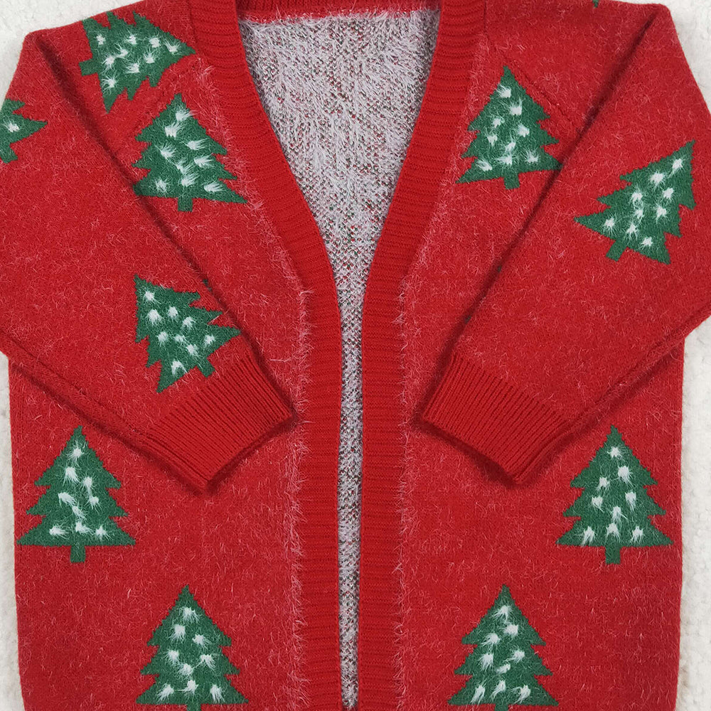 RTS NO MOQ (In stock) GT1114 Baby Girls Long Sleeve Tops Baby Girls Red Christmas Tree Long Sleeve Sweaters