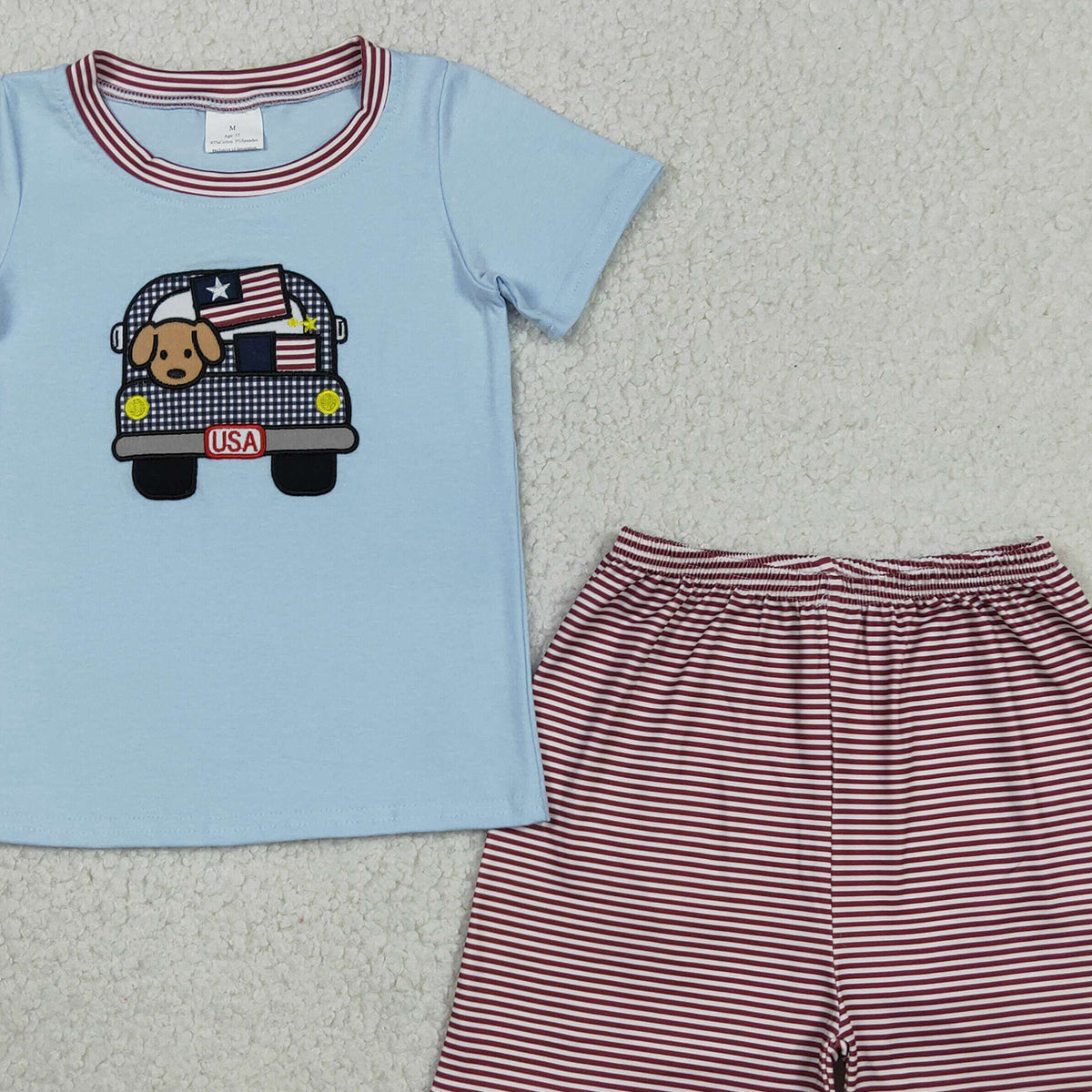 BSSO1918 RTS NO MOQ (In stock )Dog flag truck embroidery kids boys 4th of july outfits