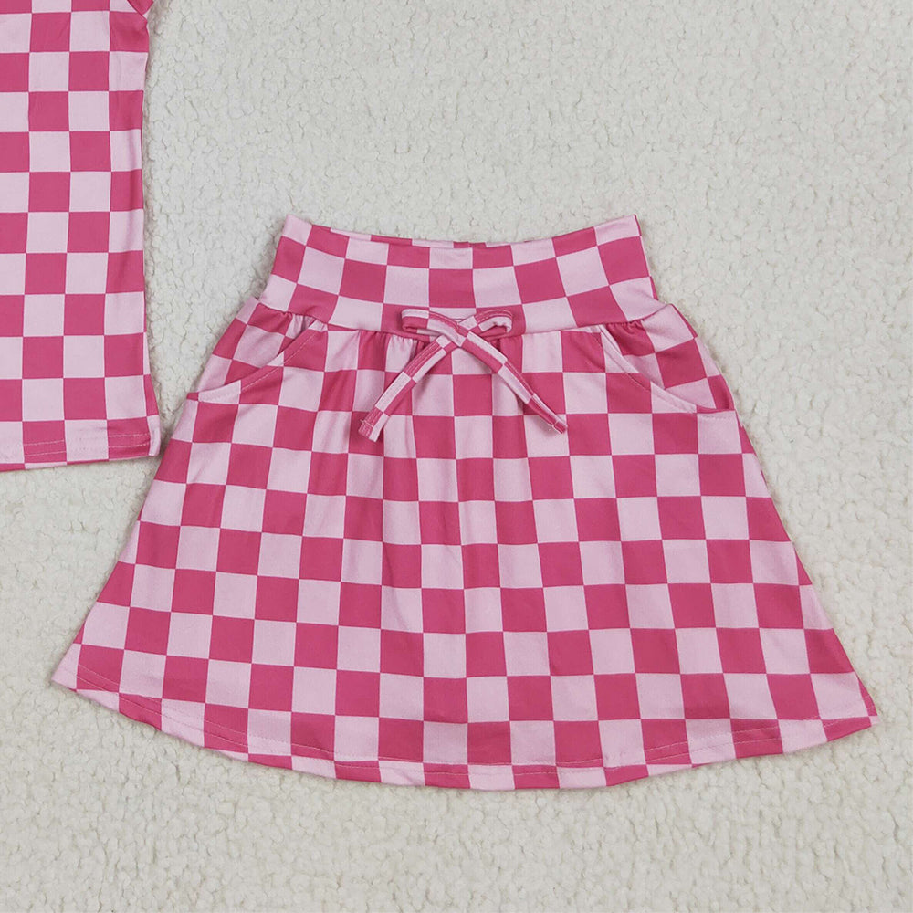 8.13 GSD2584 RTS NO MOQ Baby Girls Summer Outfits Baby Girls Sleeveless Pink Plaid Top Pockets Short Skirts Set