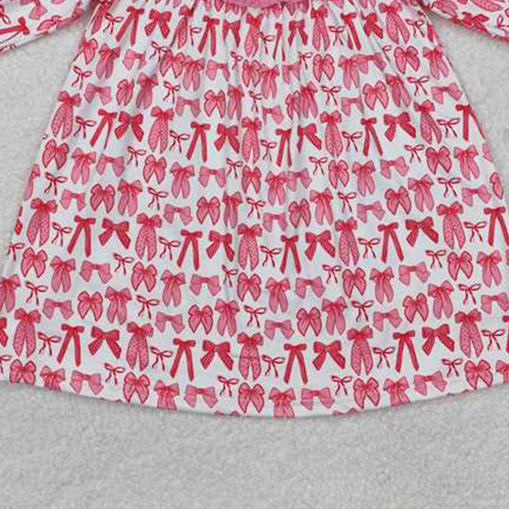 GLD0990Kids Girls Long Sleeve Pink Bow Dress Mama's Bestie Elegant Children's Fashion Dress for Special Occasions