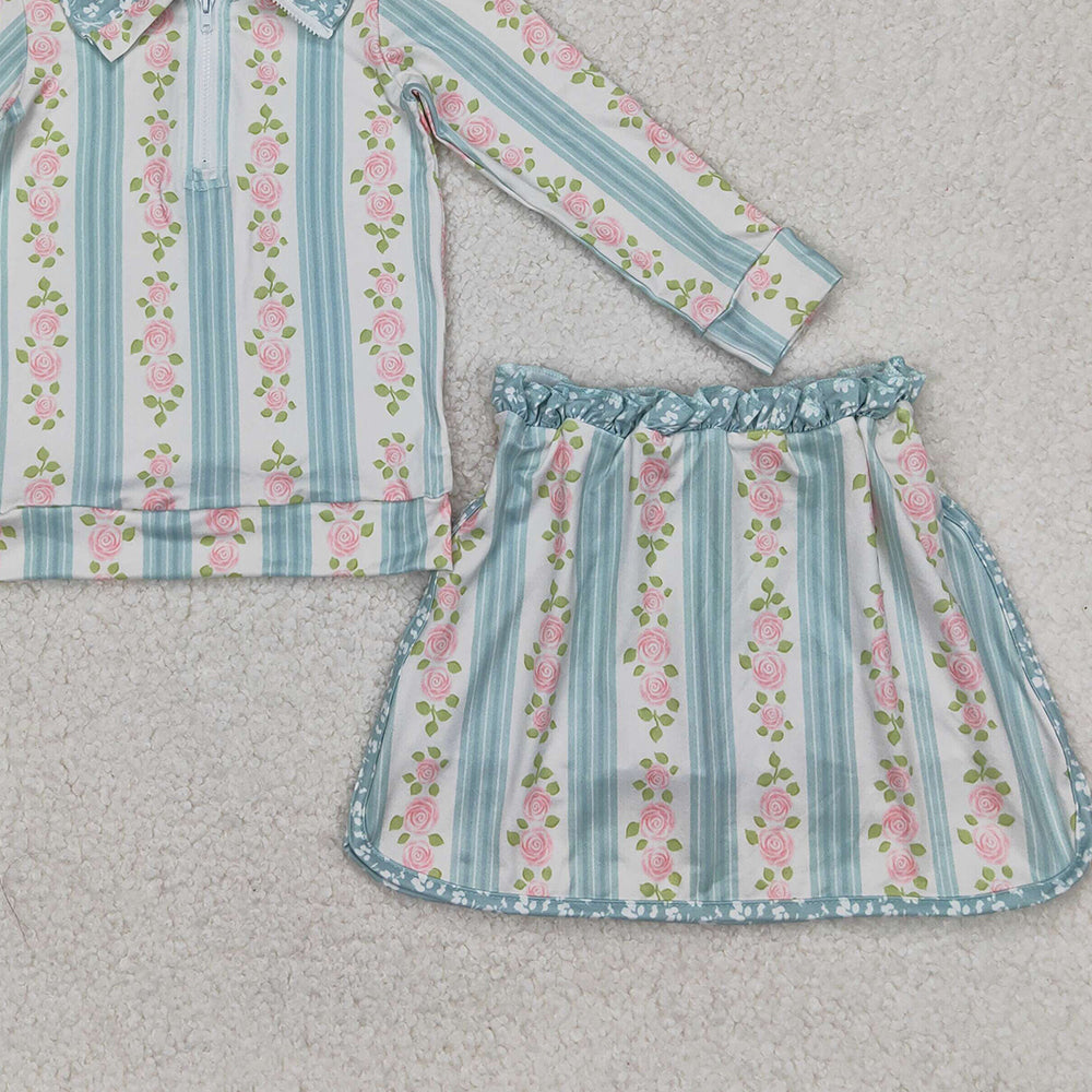 GLD1001 RTS NO MOQ Baby Girls Yoga Outfits Baby Girls Aqua Long Sleeves Floral Stripe Zipper Pullover Skirts With Short Set