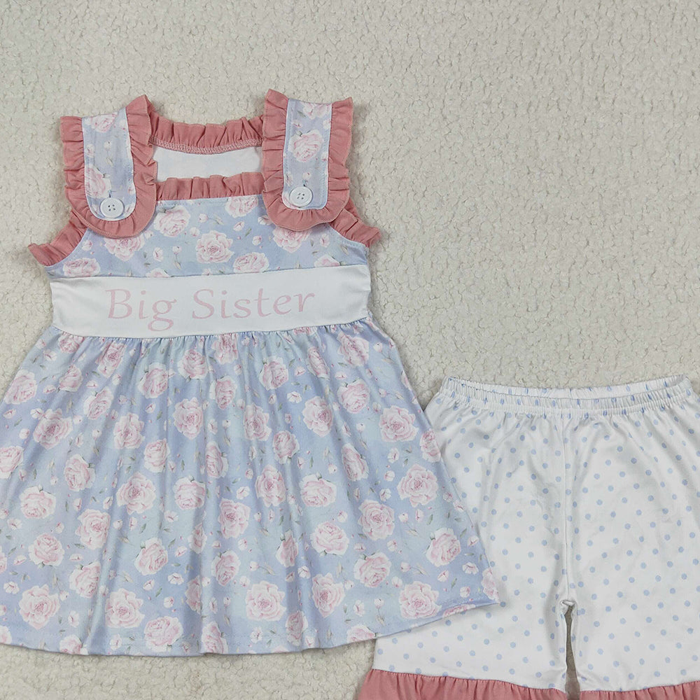 7.10 GSSO2350 RTS NO MOQ Baby Girls Summer Outfits Baby Girls Sleeveless Pink Floral Big Sister Tunic Polka Dots Short Set