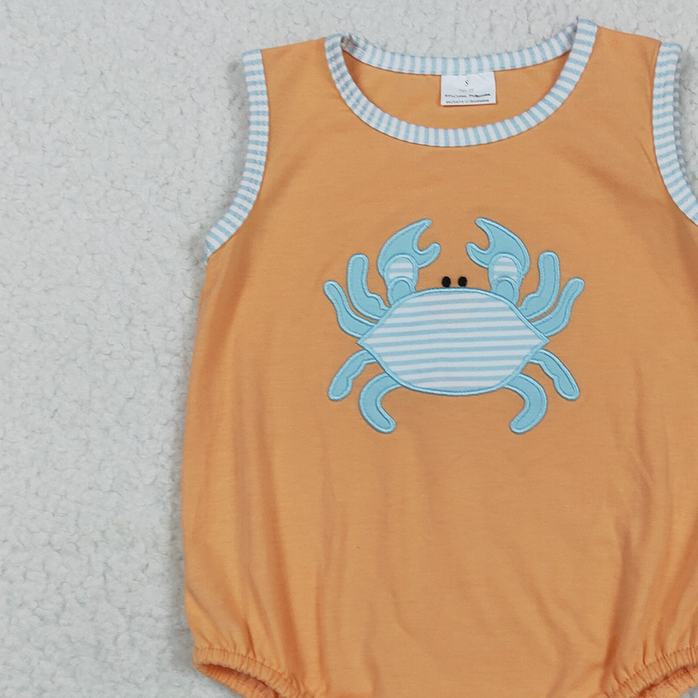 6.19 SR3058RTS NO MOQ Baby Boys Summer Rompers Embroidery Baby Boys Sleeveless Crab Rompers