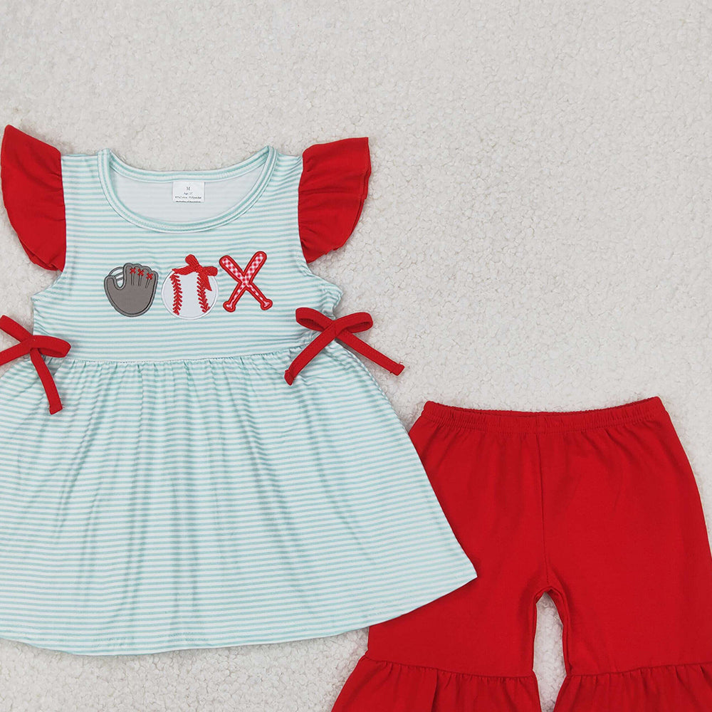 5.20 GSSO2317 RTS NO MOQ Baby Girls Summer Outfits Embroidery Baby Girls Baseball Flutter Sleeve Tunic Ruffle Shorts Clothes Sets