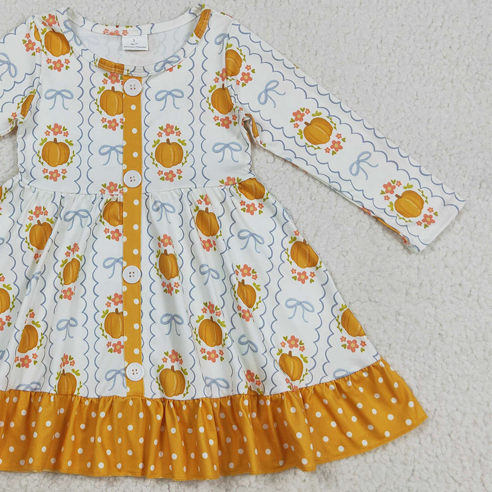 RTS NO MOQ (In stock)GLD1111 Baby Girls Winter Dress Baby Girls Long Sleeves Pumpkins Bows Plaid Button Ruffle Knee Length Dresses